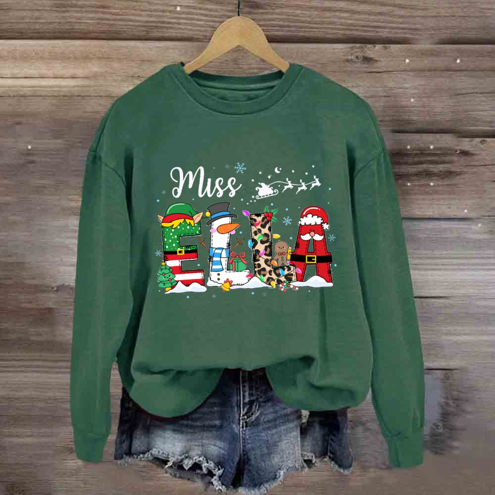 Personalized Name Fairy Lights And Santa Hat Snowman Sweatshirt