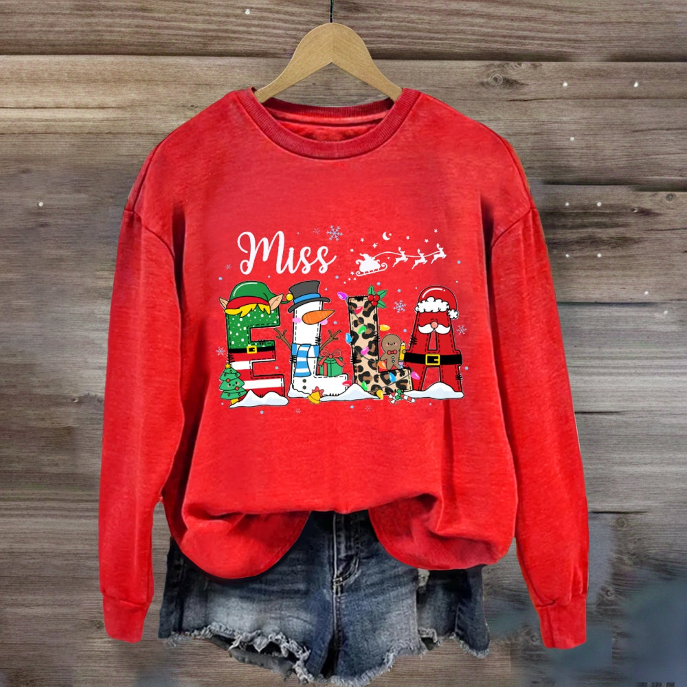 Personalized Name Fairy Lights And Santa Hat Snowman Sweatshirt