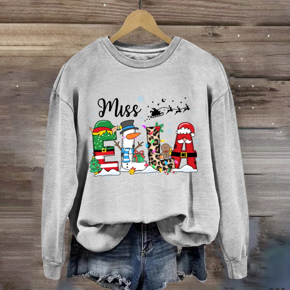 Personalized Name Fairy Lights And Santa Hat Snowman Sweatshirt