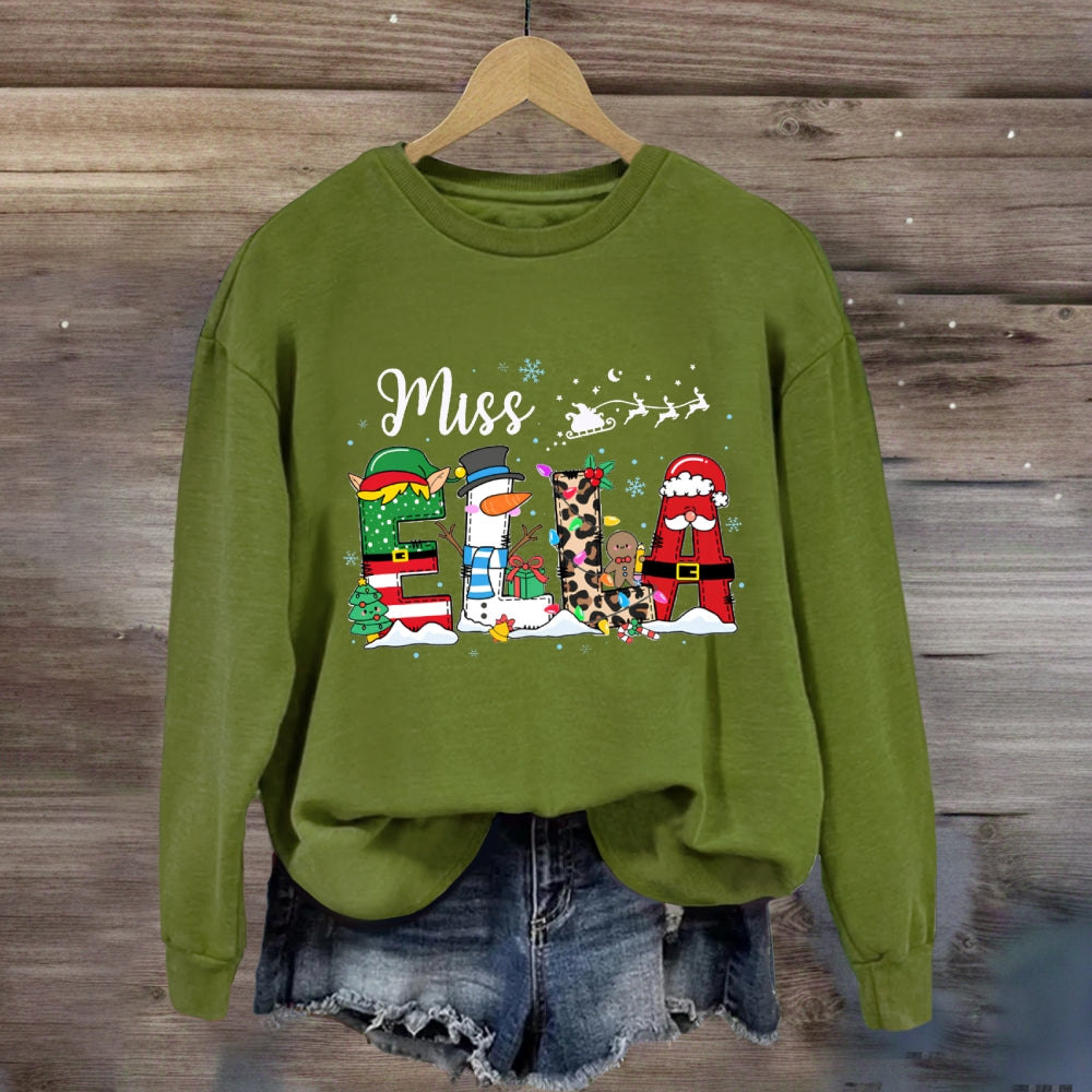 Personalized Name Fairy Lights And Santa Hat Snowman Sweatshirt