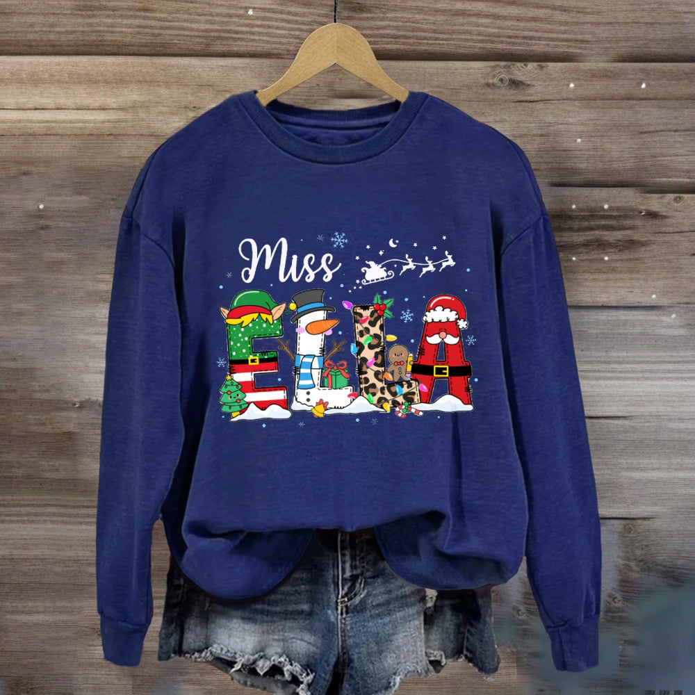 Personalized Name Fairy Lights And Santa Hat Snowman Sweatshirt