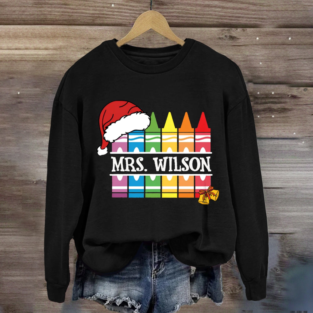Personalized Name Santa Hat And Colorful Crayons Christmas Sweatshirt