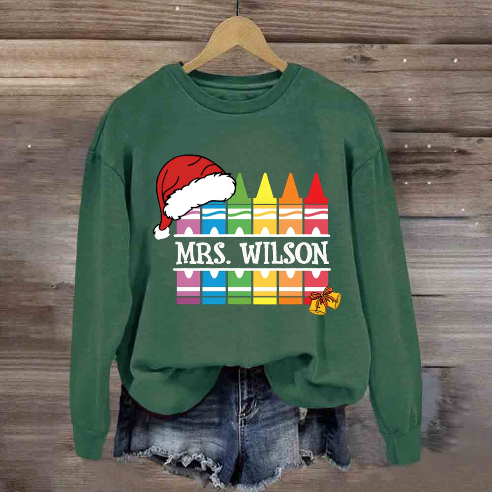 Personalized Name Santa Hat And Colorful Crayons Christmas Sweatshirt