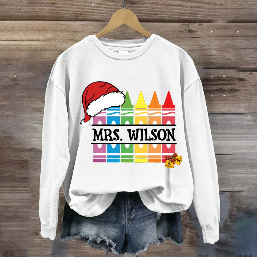 Personalized Name Santa Hat And Colorful Crayons Christmas Sweatshirt