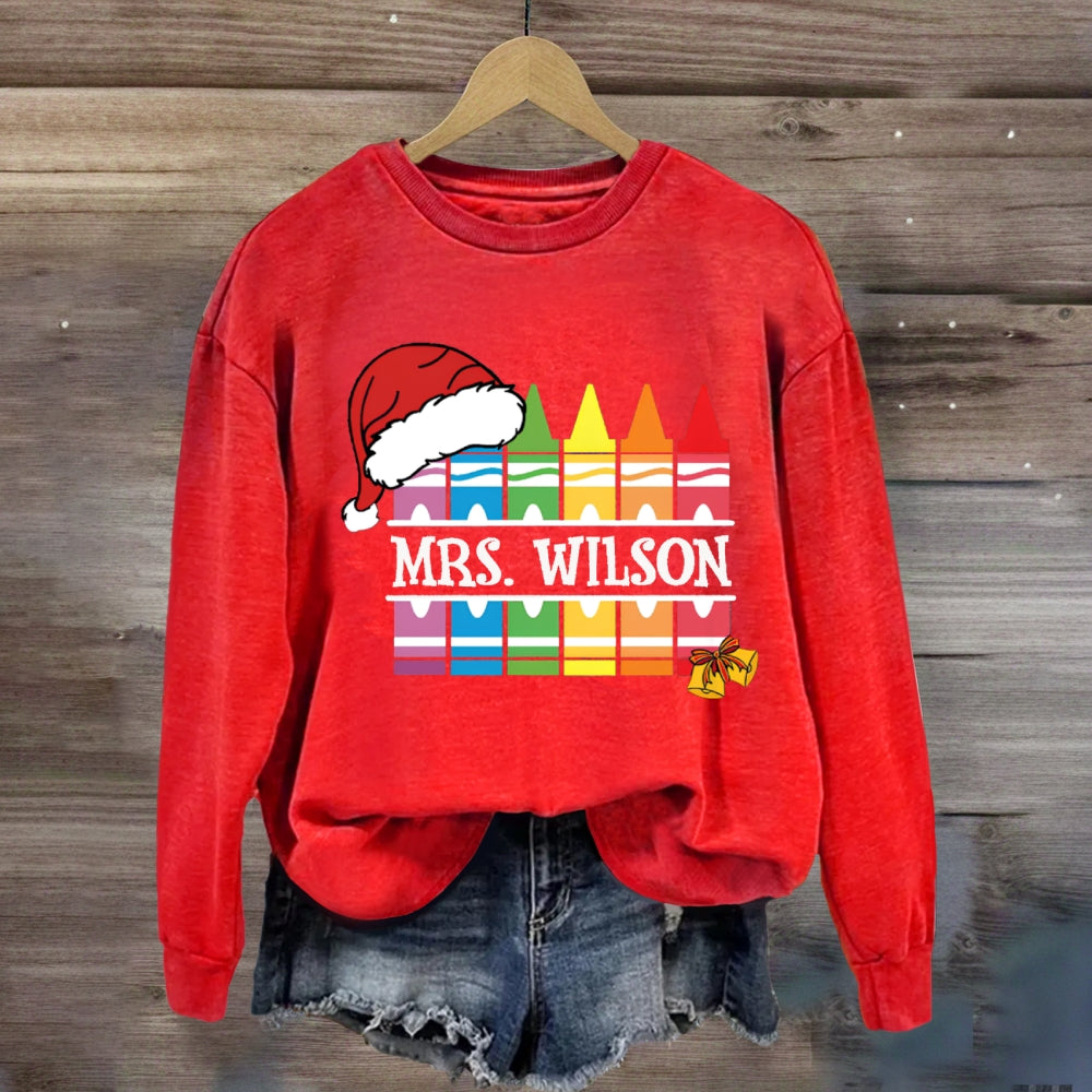 Personalized Name Santa Hat And Colorful Crayons Christmas Sweatshirt