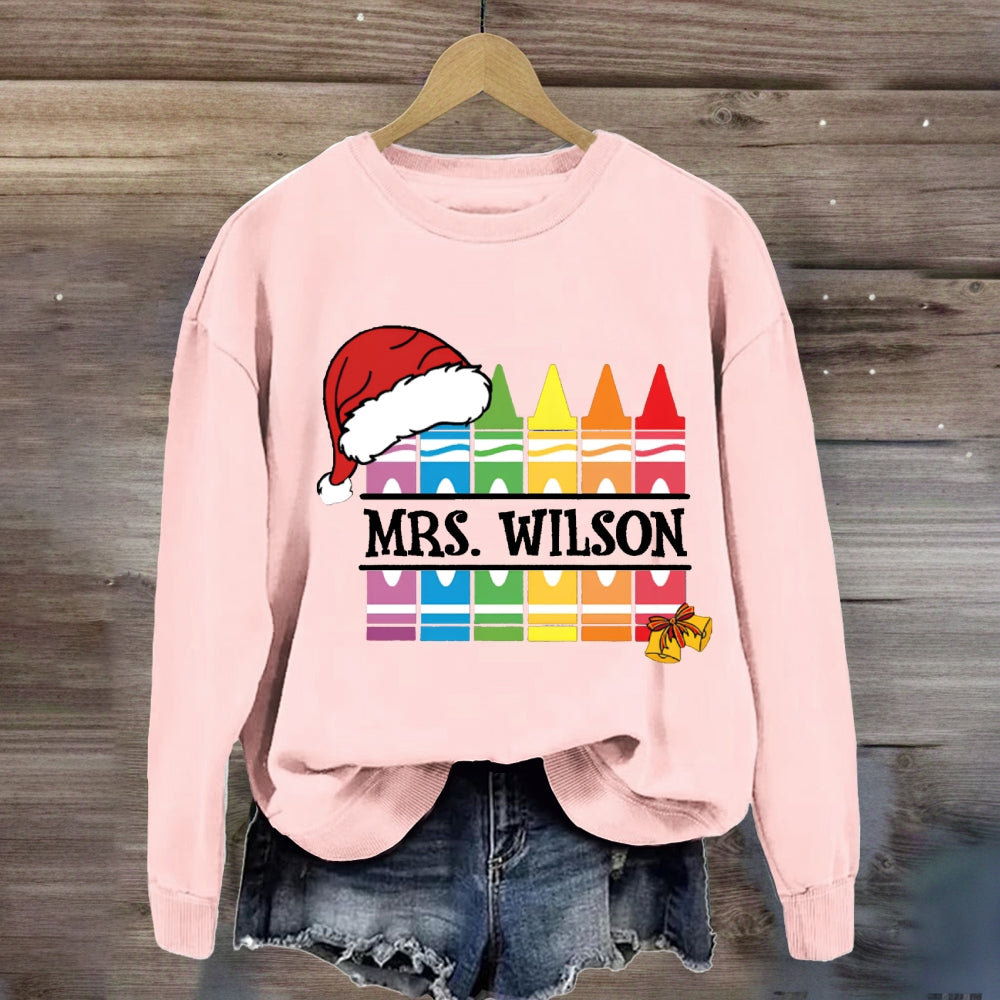 Personalized Name Santa Hat And Colorful Crayons Christmas Sweatshirt