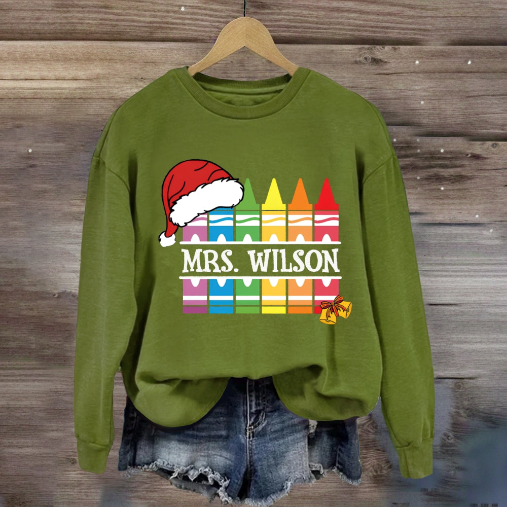 Personalized Name Santa Hat And Colorful Crayons Christmas Sweatshirt