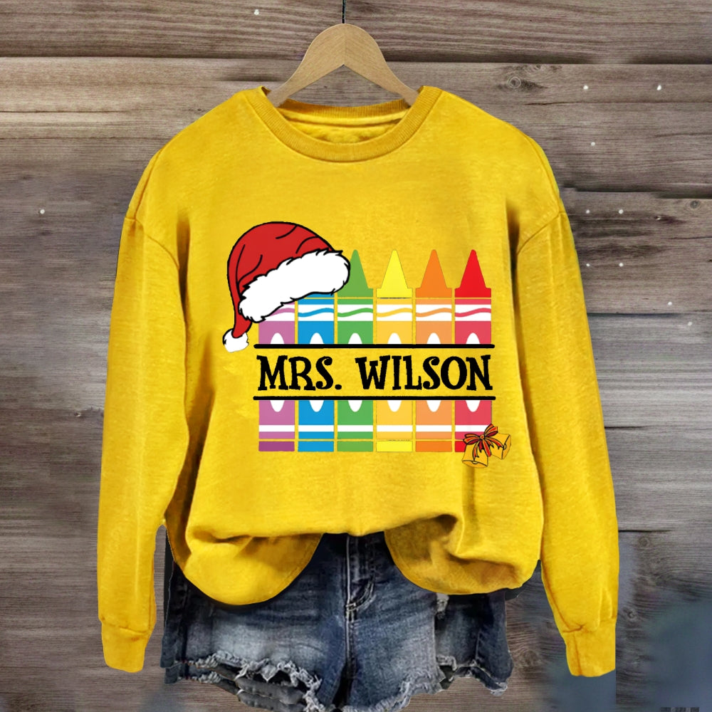 Personalized Name Santa Hat And Colorful Crayons Christmas Sweatshirt
