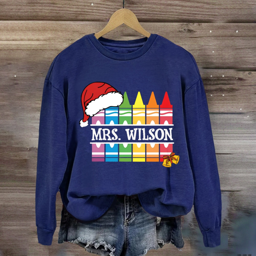 Personalized Name Santa Hat And Colorful Crayons Christmas Sweatshirt