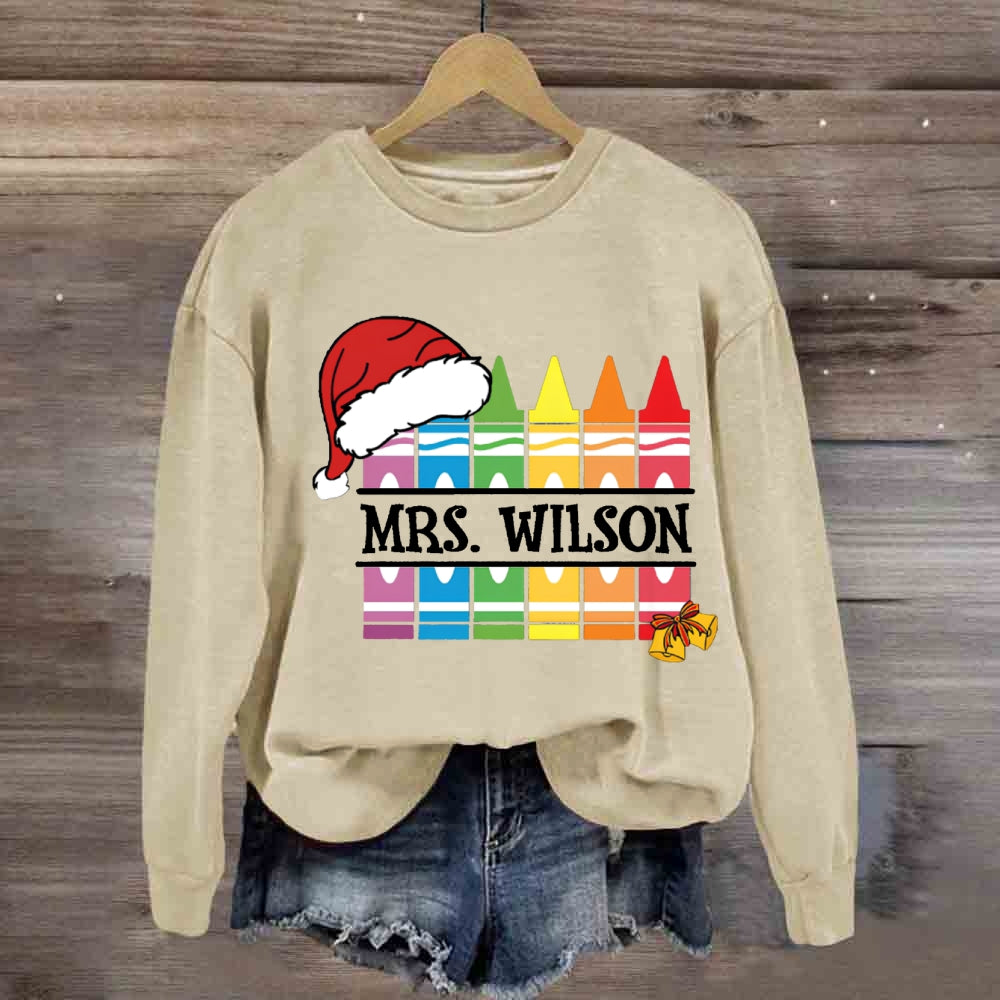 Personalized Name Santa Hat And Colorful Crayons Christmas Sweatshirt