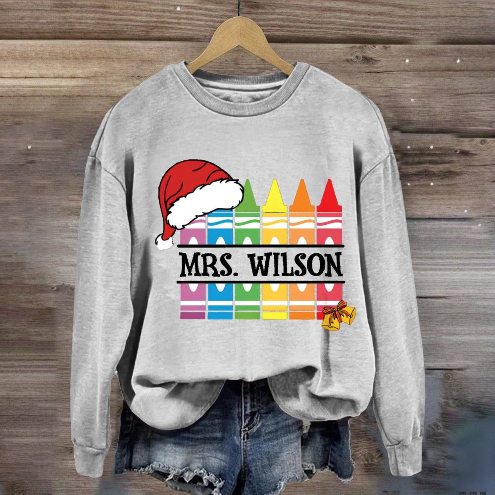 Personalized Name Santa Hat And Colorful Crayons Christmas Sweatshirt