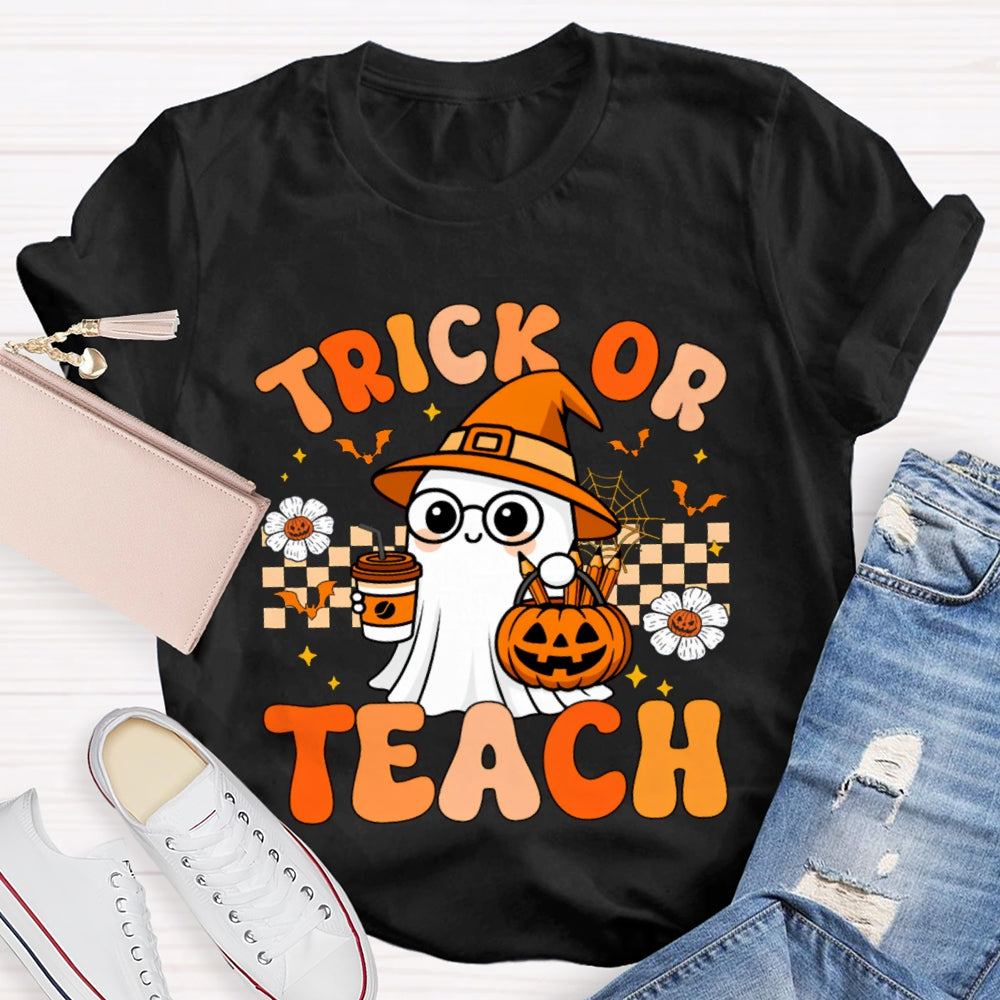 Trick Or Teach Pumpkin Flowers And A Little Ghost Holding Milk Tea T-shirt