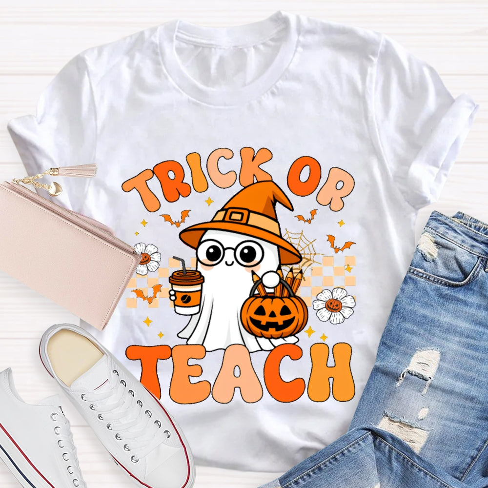 Trick Or Teach Pumpkin Flowers And A Little Ghost Holding Milk Tea T-shirt