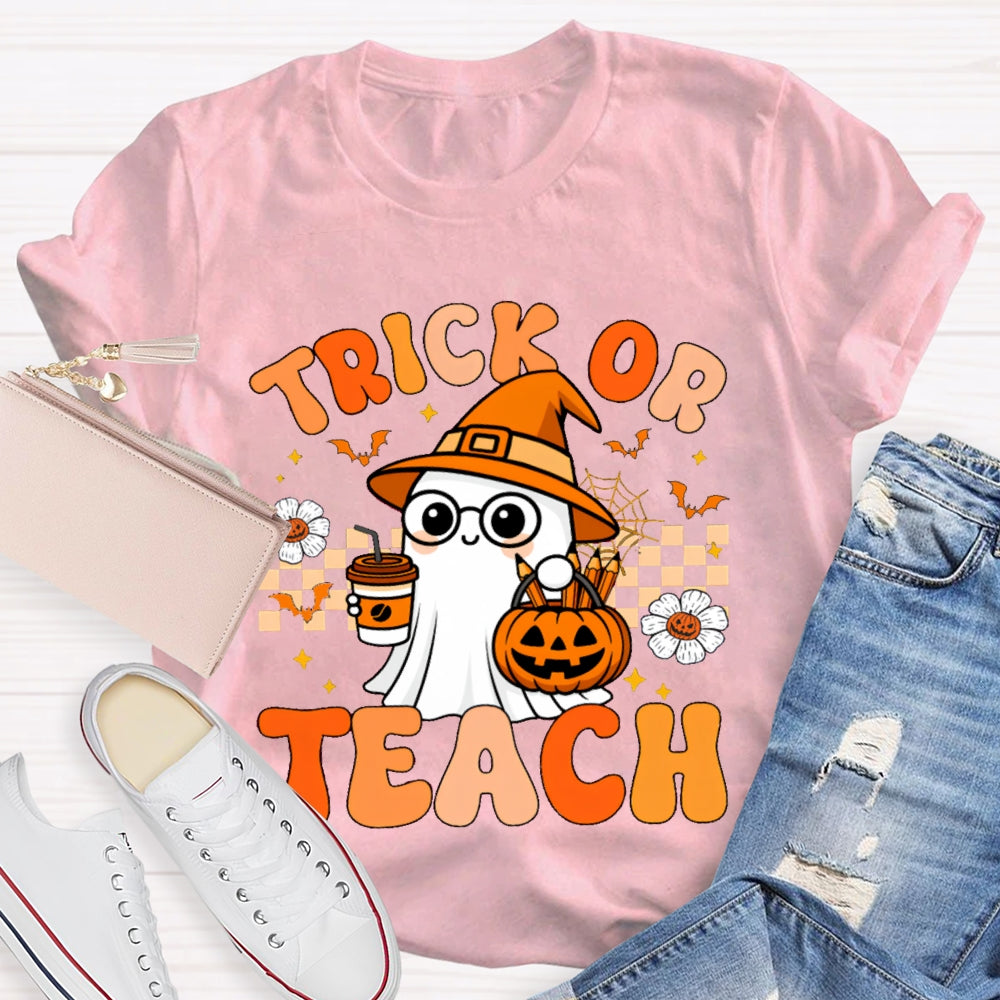 Trick Or Teach Pumpkin Flowers And A Little Ghost Holding Milk Tea T-shirt