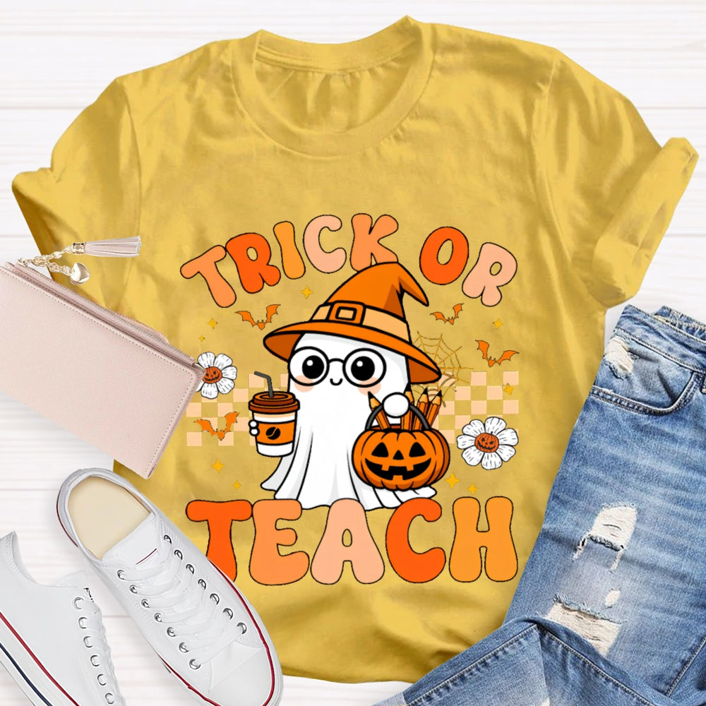 Trick Or Teach Pumpkin Flowers And A Little Ghost Holding Milk Tea T-shirt