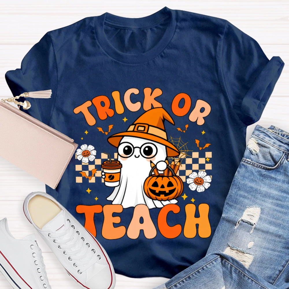 Trick Or Teach Pumpkin Flowers And A Little Ghost Holding Milk Tea T-shirt