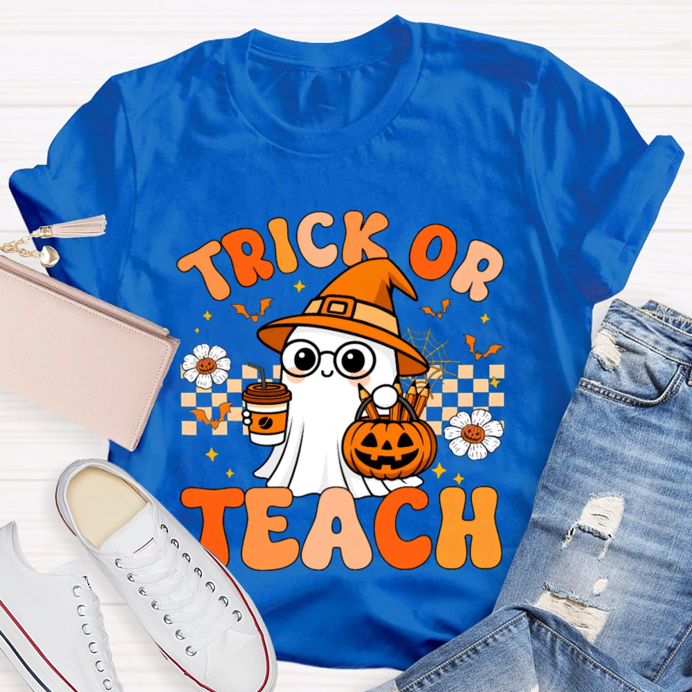 Trick Or Teach Pumpkin Flowers And A Little Ghost Holding Milk Tea T-shirt