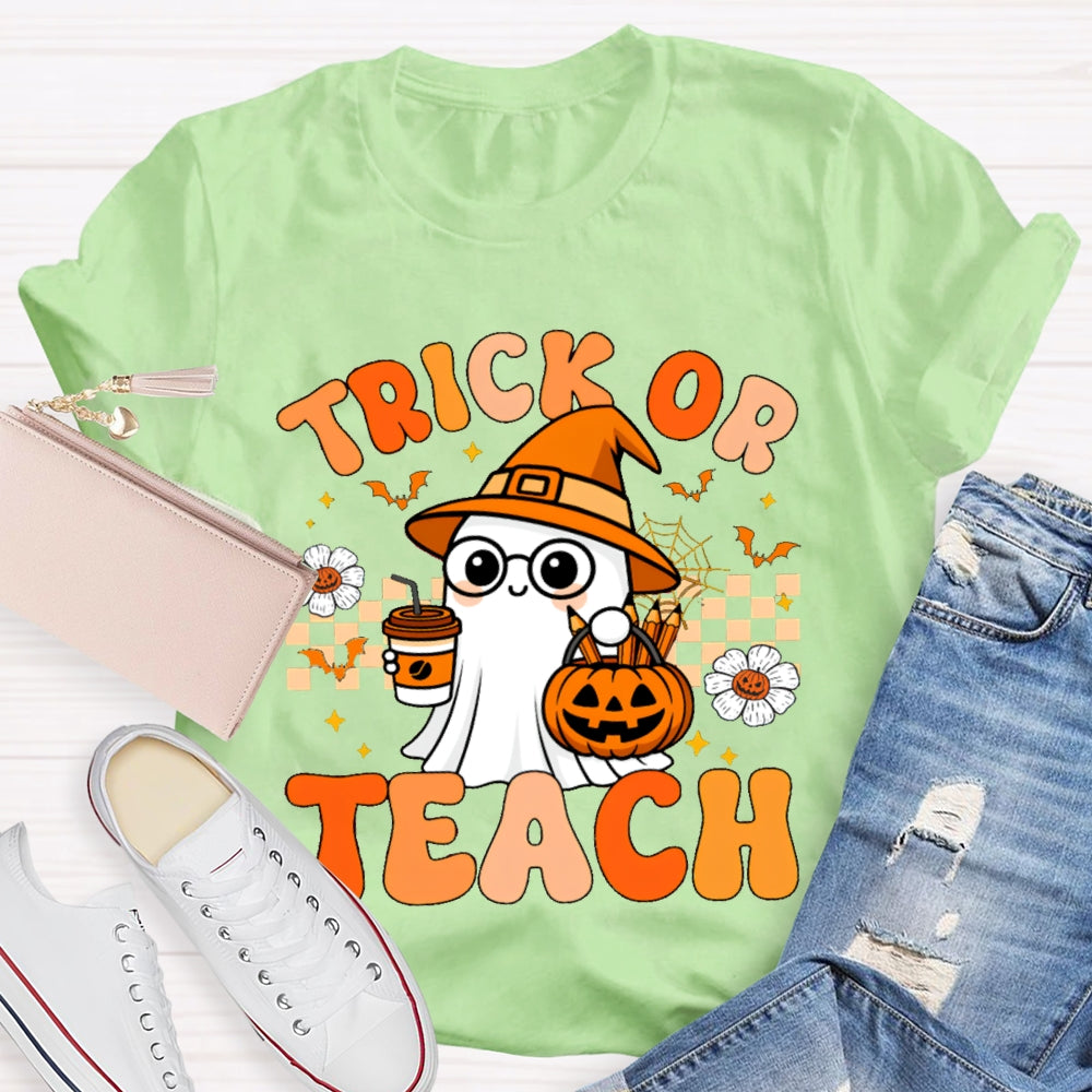 Trick Or Teach Pumpkin Flowers And A Little Ghost Holding Milk Tea T-shirt