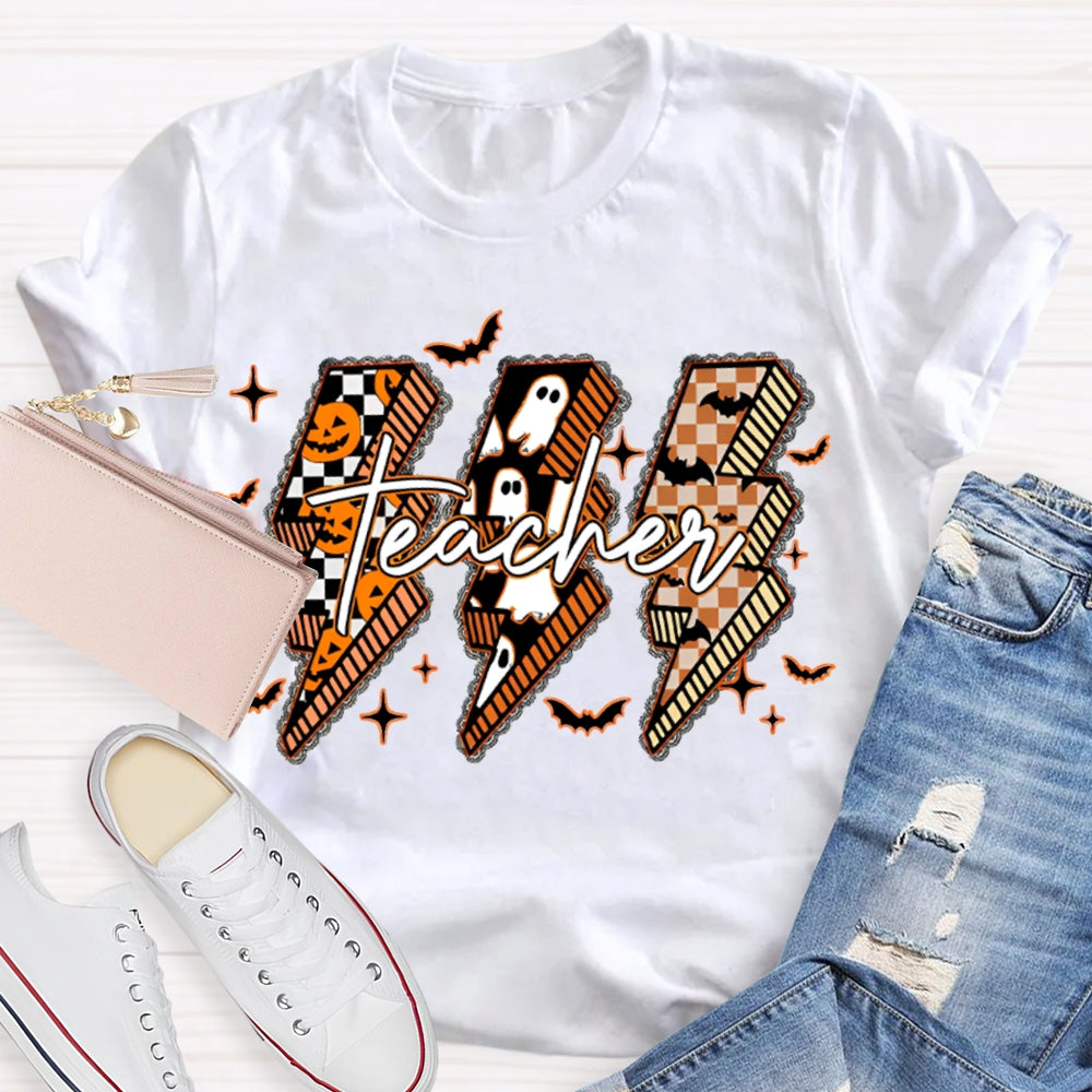 Pumpkin And Ghost Lightning Print Teacher Halloween T-shirt