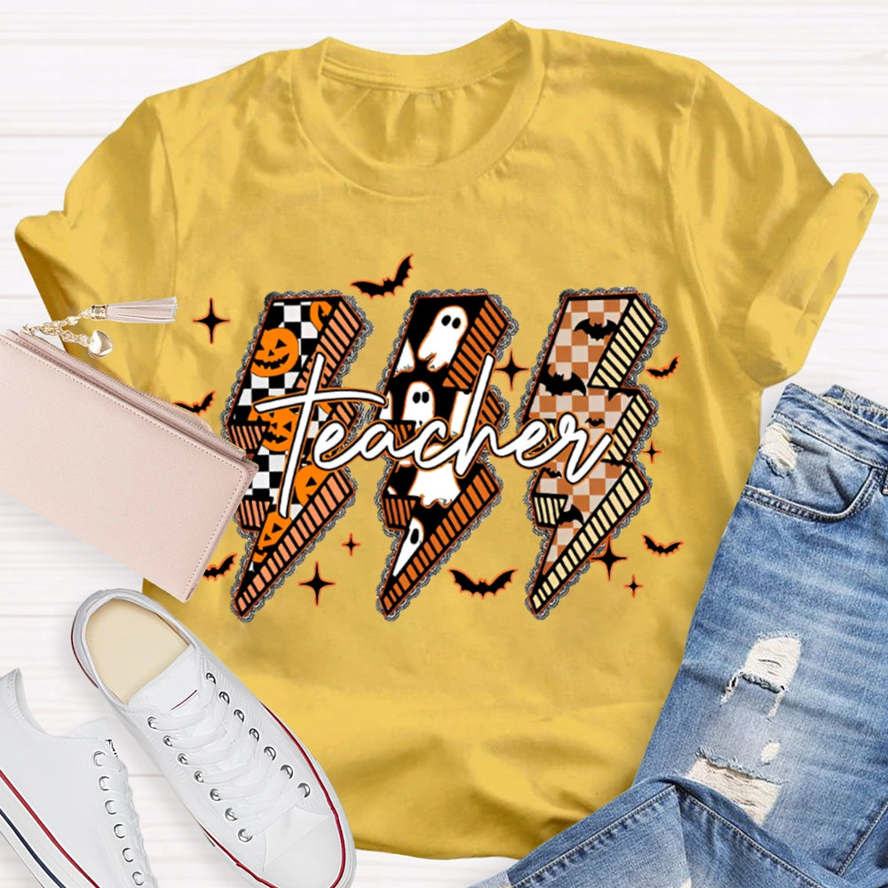 Pumpkin And Ghost Lightning Print Teacher Halloween T-shirt