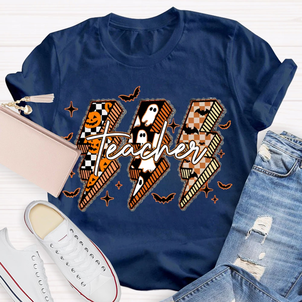 Pumpkin And Ghost Lightning Print Teacher Halloween T-shirt