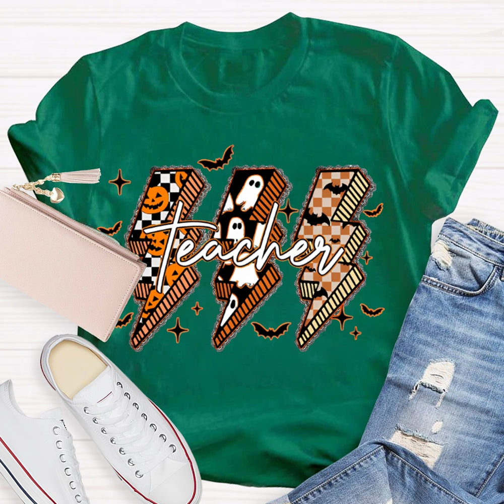 Pumpkin And Ghost Lightning Print Teacher Halloween T-shirt