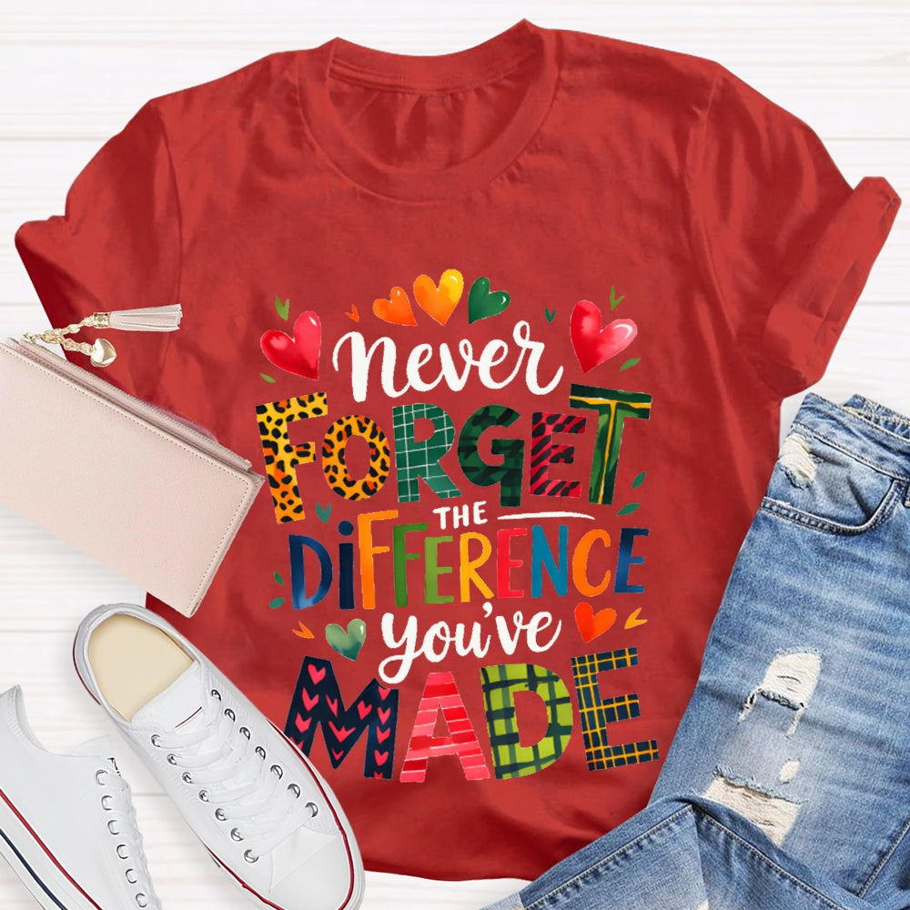 Never Forget The Difference You'Ve Made Colorful Fonts And Small Hearts T-shirt