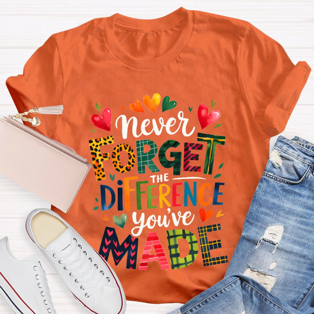 Never Forget The Difference You'Ve Made Colorful Fonts And Small Hearts T-shirt
