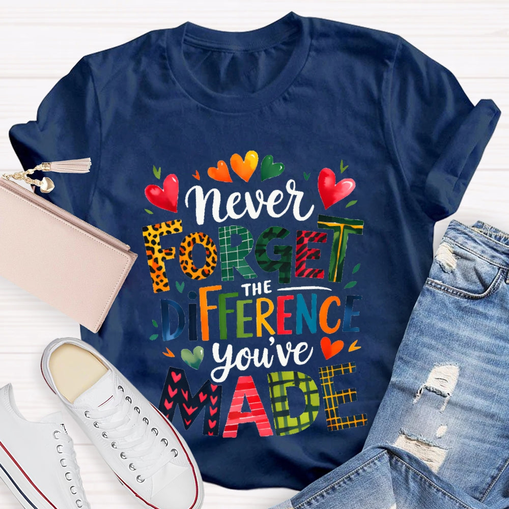 Never Forget The Difference You'Ve Made Colorful Fonts And Small Hearts T-shirt