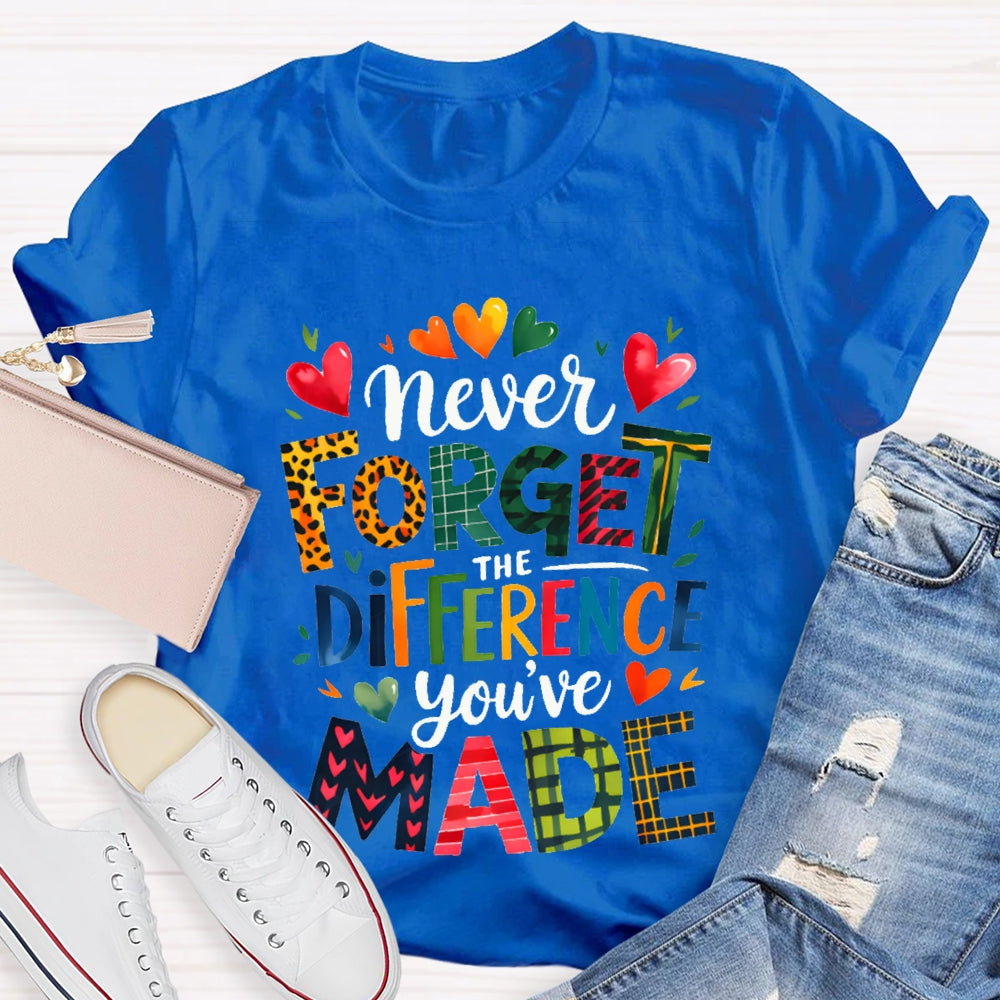 Never Forget The Difference You'Ve Made Colorful Fonts And Small Hearts T-shirt