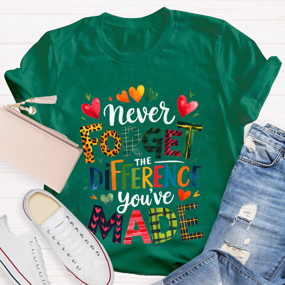 Never Forget The Difference You'Ve Made Colorful Fonts And Small Hearts T-shirt