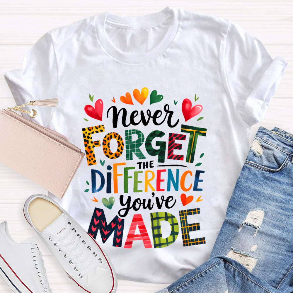 Never Forget The Difference You'Ve Made Colorful Fonts And Small Hearts T-shirt