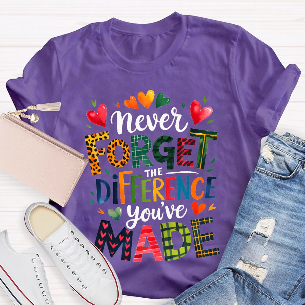 Never Forget The Difference You'Ve Made Colorful Fonts And Small Hearts T-shirt