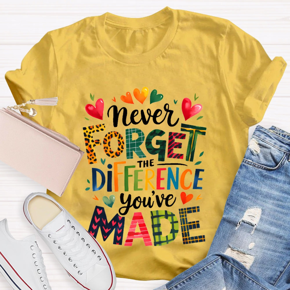 Never Forget The Difference You'Ve Made Colorful Fonts And Small Hearts T-shirt
