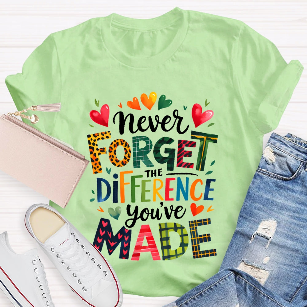 Never Forget The Difference You'Ve Made Colorful Fonts And Small Hearts T-shirt