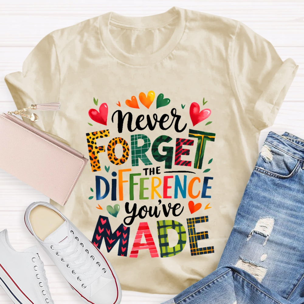 Never Forget The Difference You'Ve Made Colorful Fonts And Small Hearts T-shirt