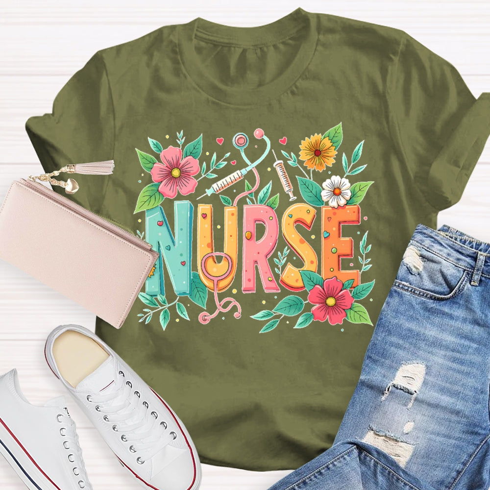 Nurse Flowers Stethoscope T-shirt