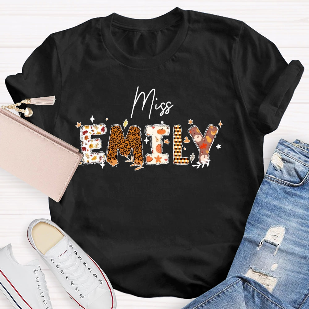 Personalized Name Autumn Leaves Teacher T-shirt