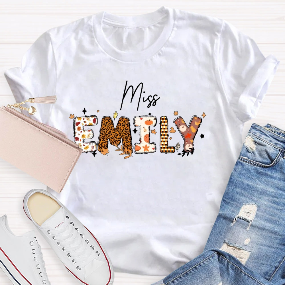 Personalized Name Autumn Leaves Teacher T-shirt