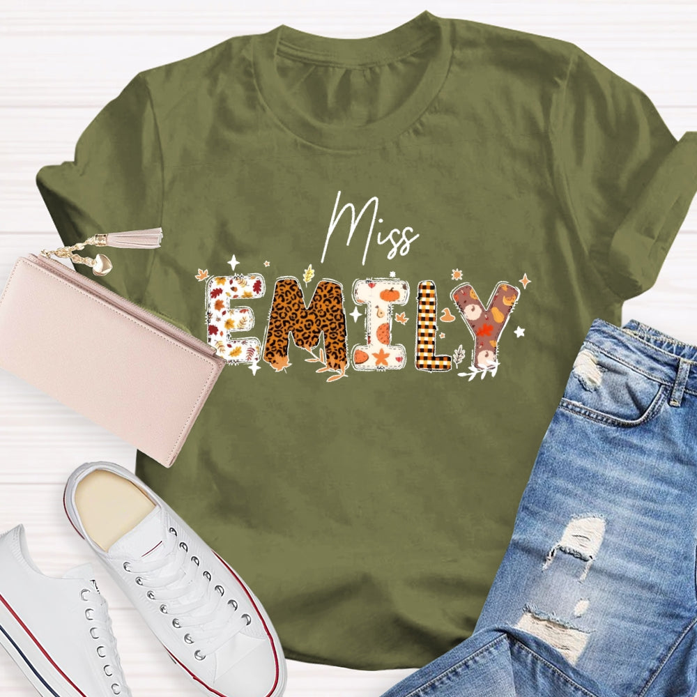 Personalized Name Autumn Leaves Teacher T-shirt