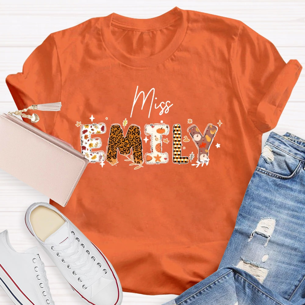 Personalized Name Autumn Leaves Teacher T-shirt