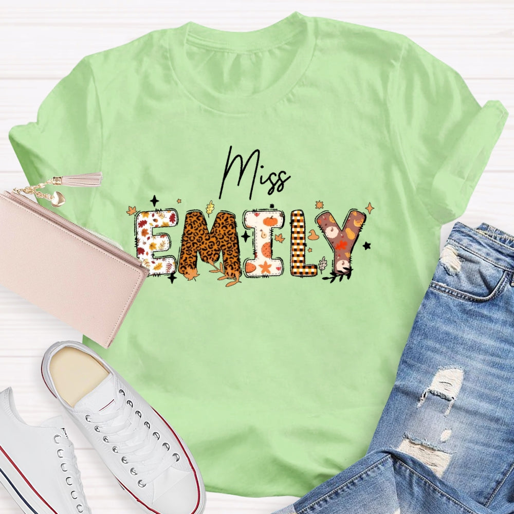 Personalized Name Autumn Leaves Teacher T-shirt
