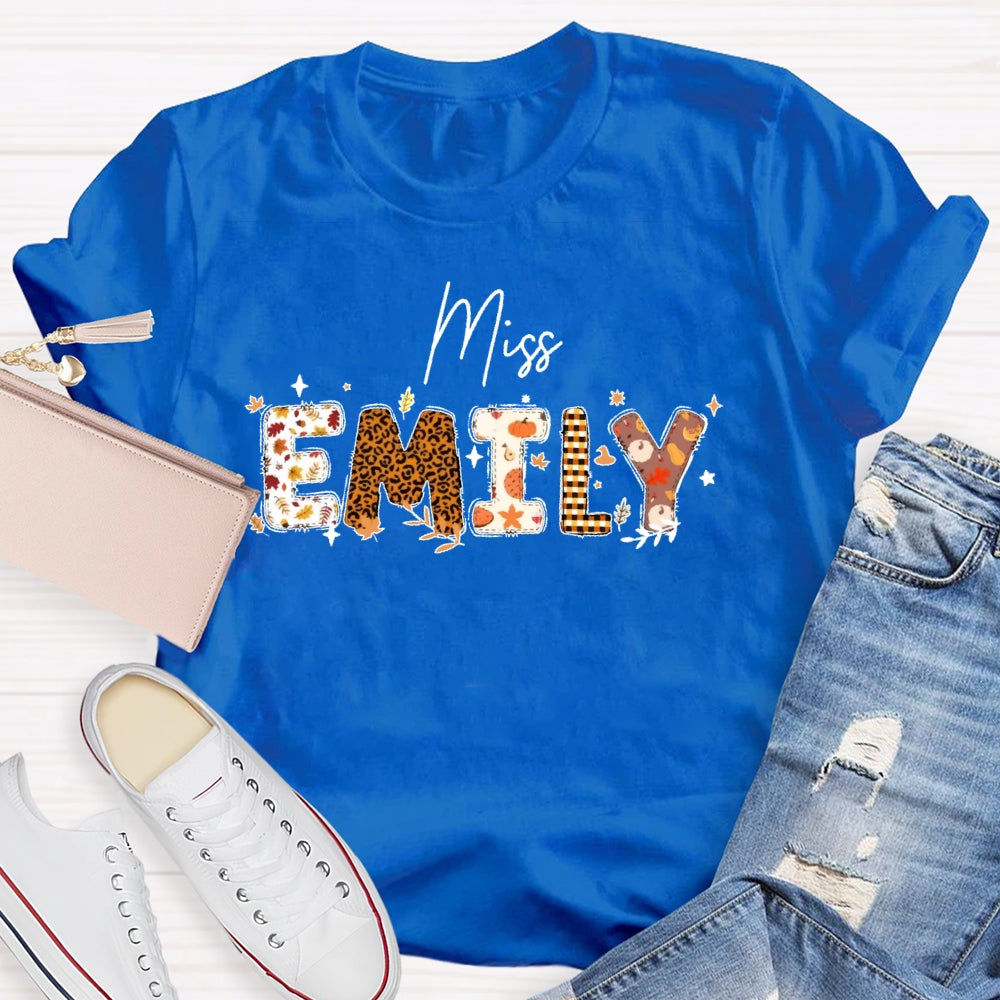 Personalized Name Autumn Leaves Teacher T-shirt
