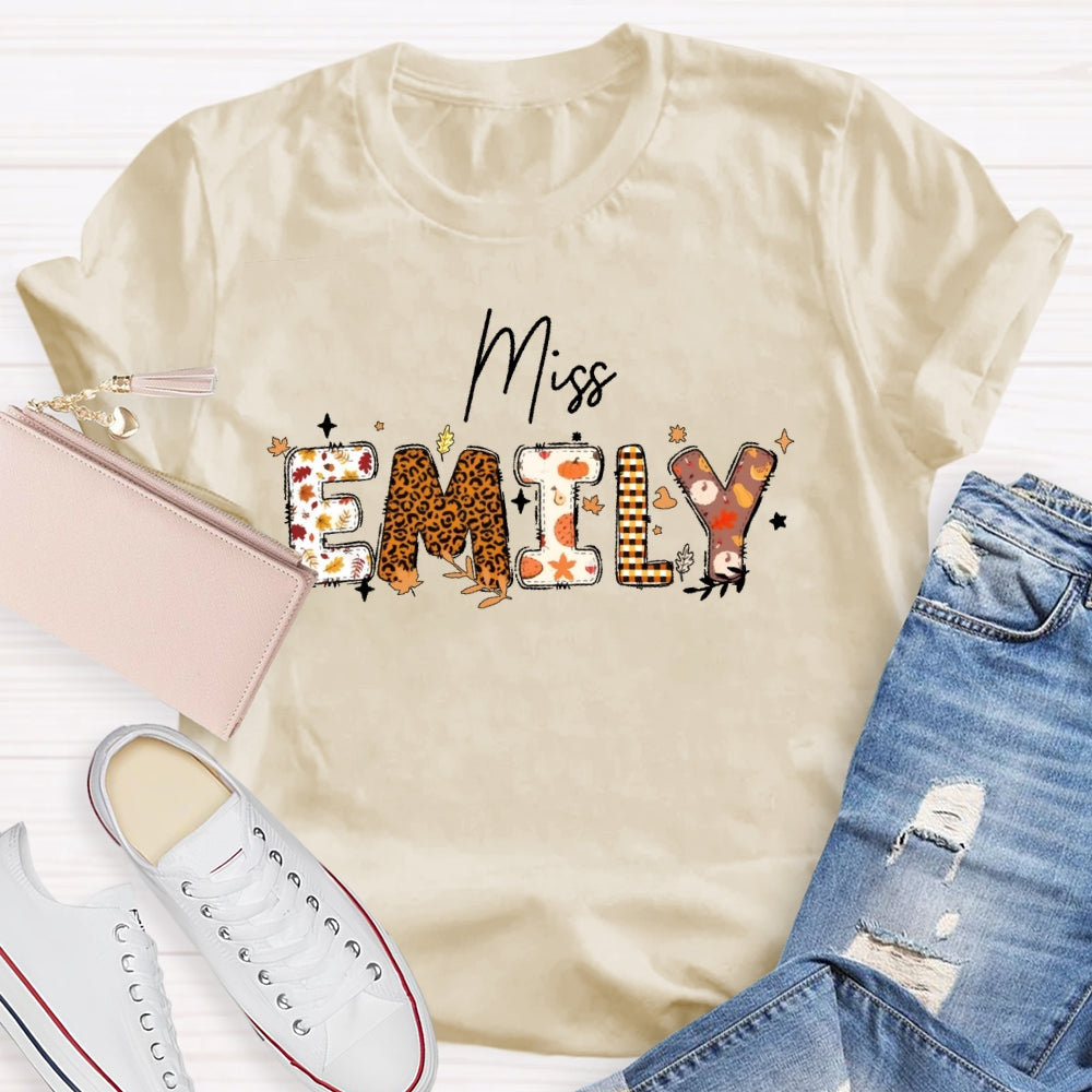 Personalized Name Autumn Leaves Teacher T-shirt