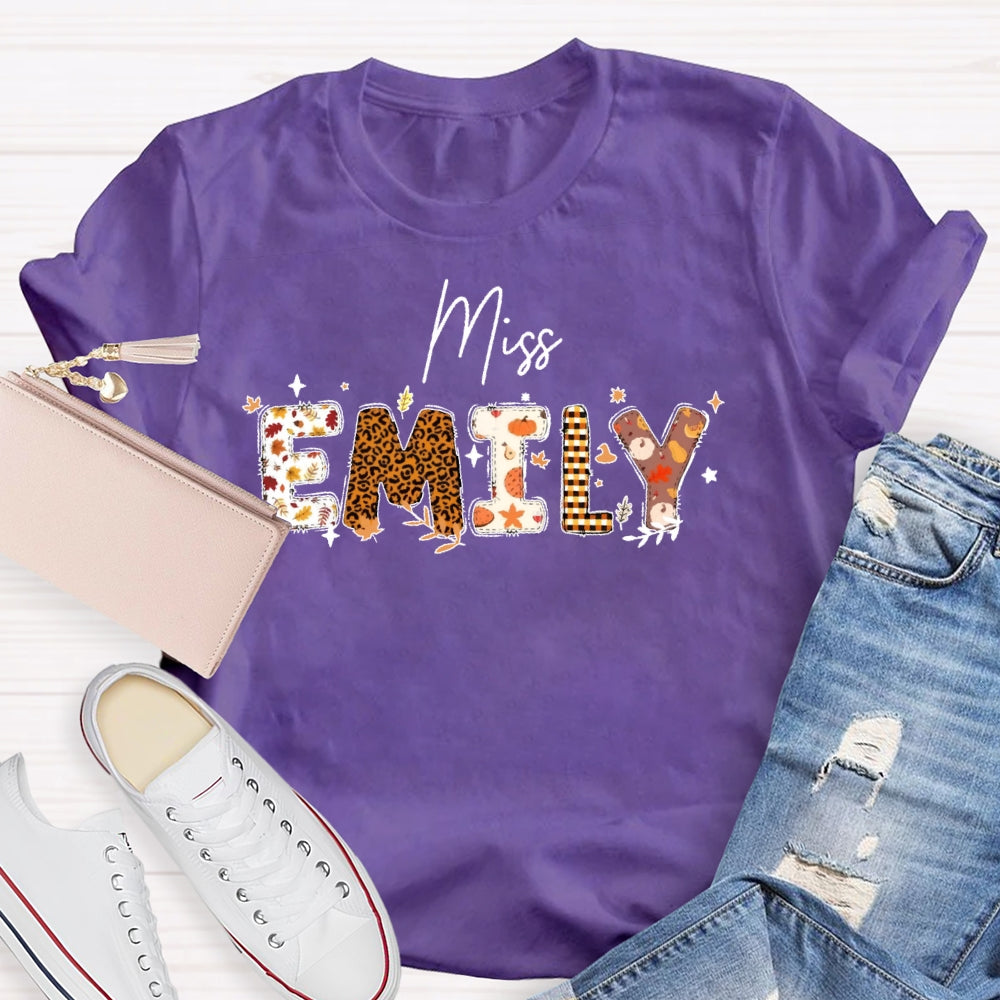 Personalized Name Autumn Leaves Teacher T-shirt
