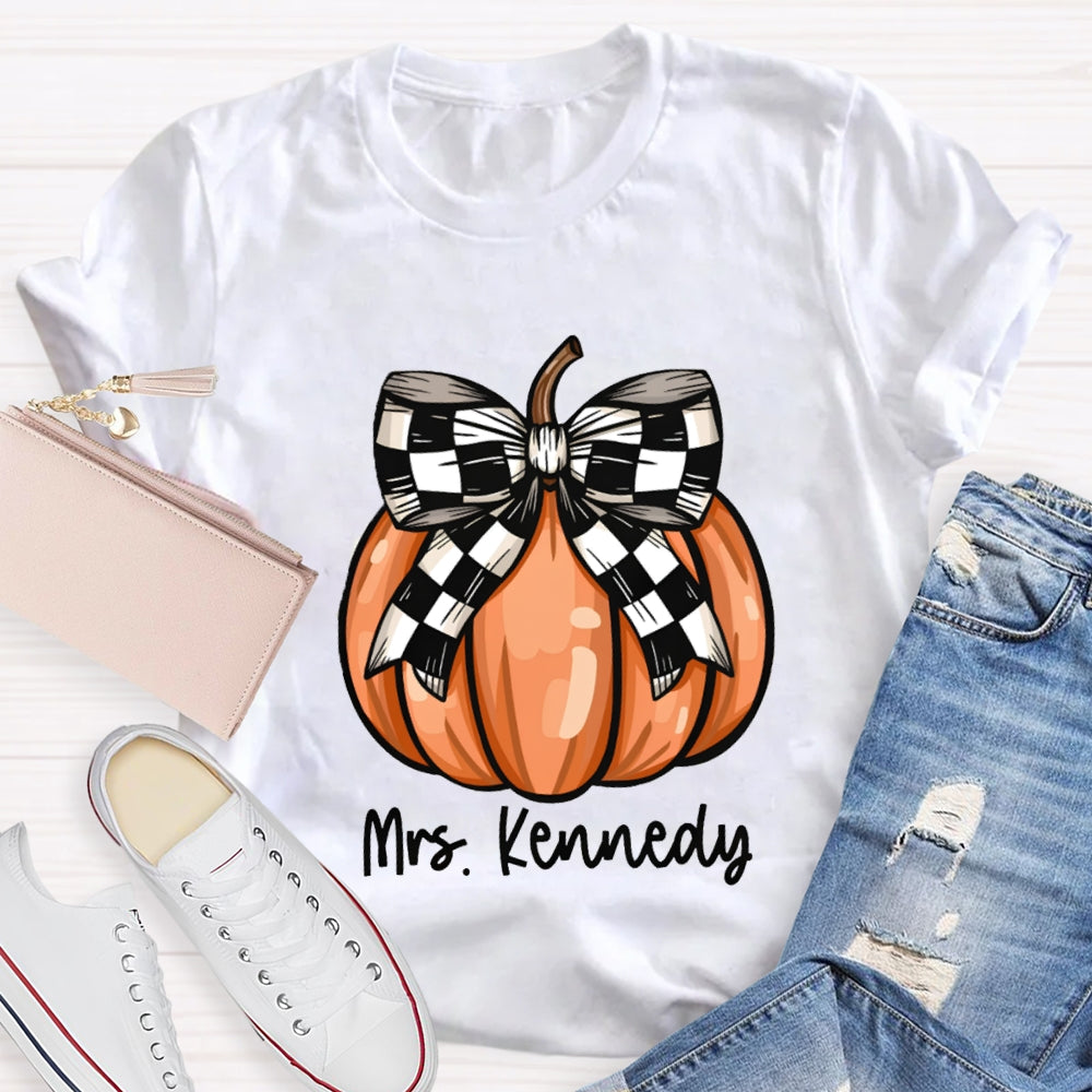 Personalized Name Halloween Pumpkin Striped Bow T-shirt