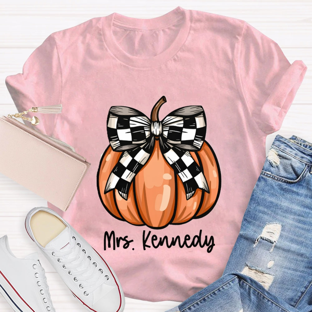 Personalized Name Halloween Pumpkin Striped Bow T-shirt