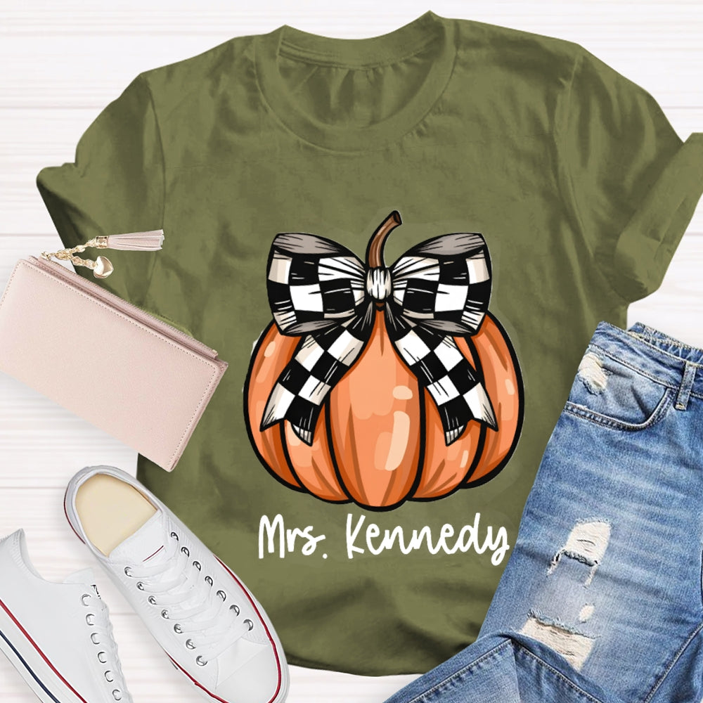 Personalized Name Halloween Pumpkin Striped Bow T-shirt