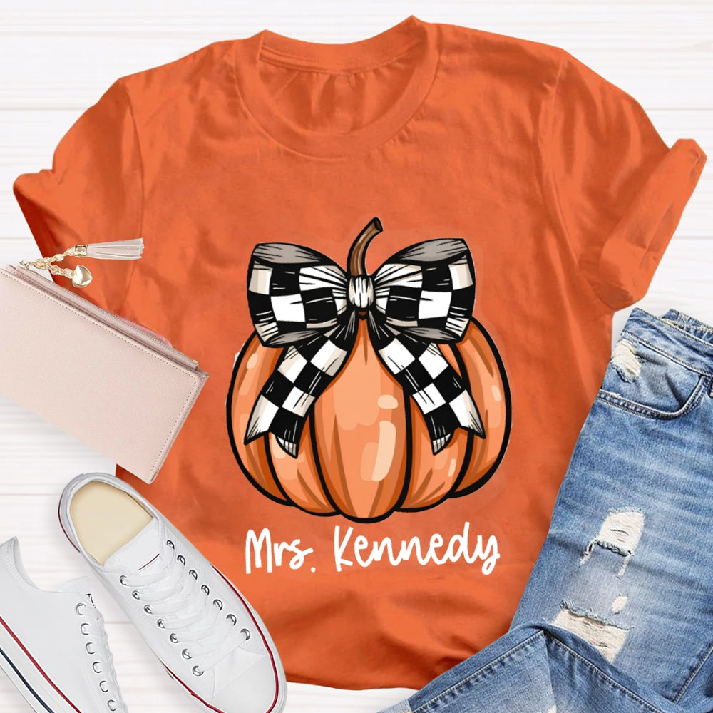 Personalized Name Halloween Pumpkin Striped Bow T-shirt