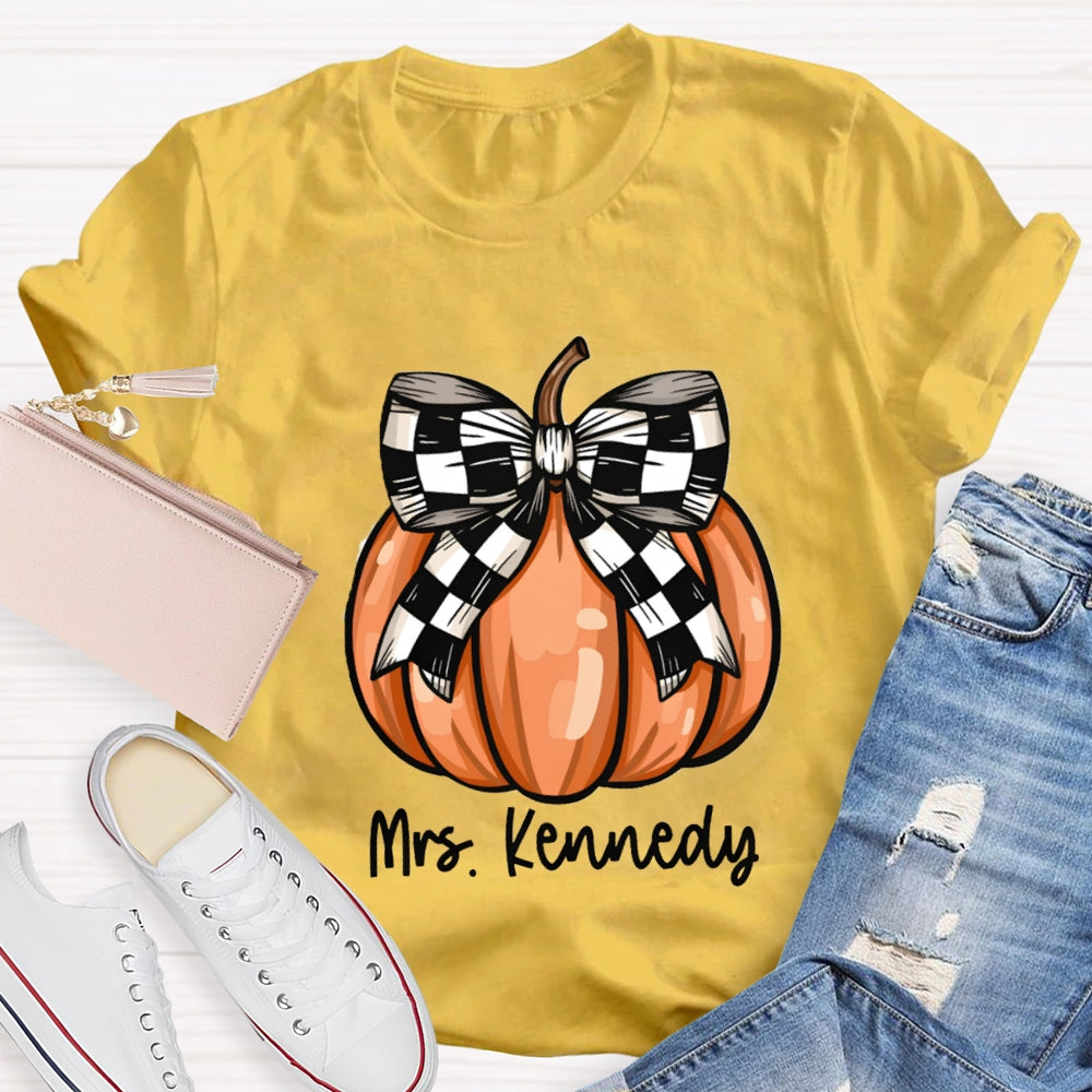 Personalized Name Halloween Pumpkin Striped Bow T-shirt